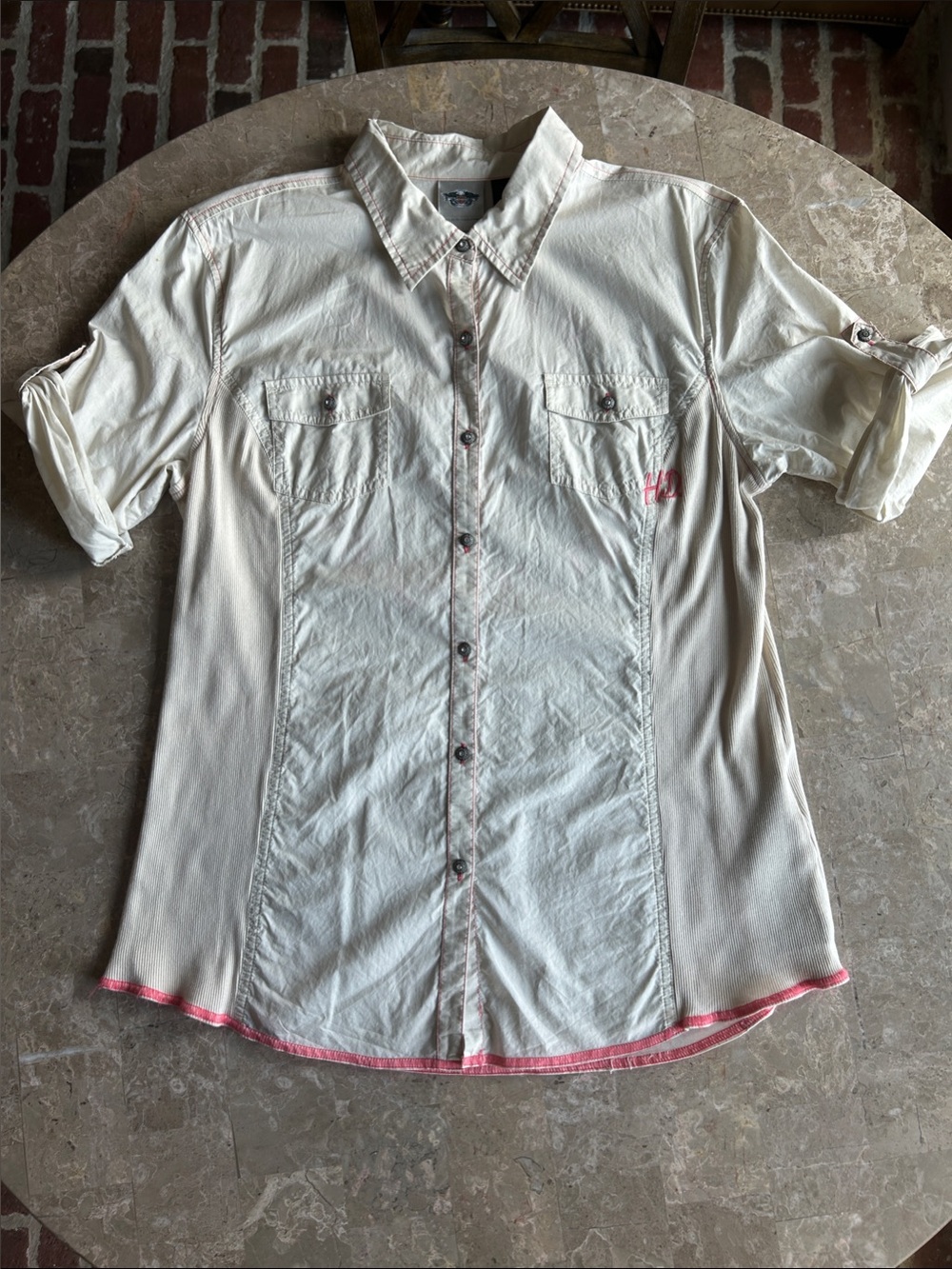 Harley-Davidson Cream Button-Down Shirt with Pink Trim